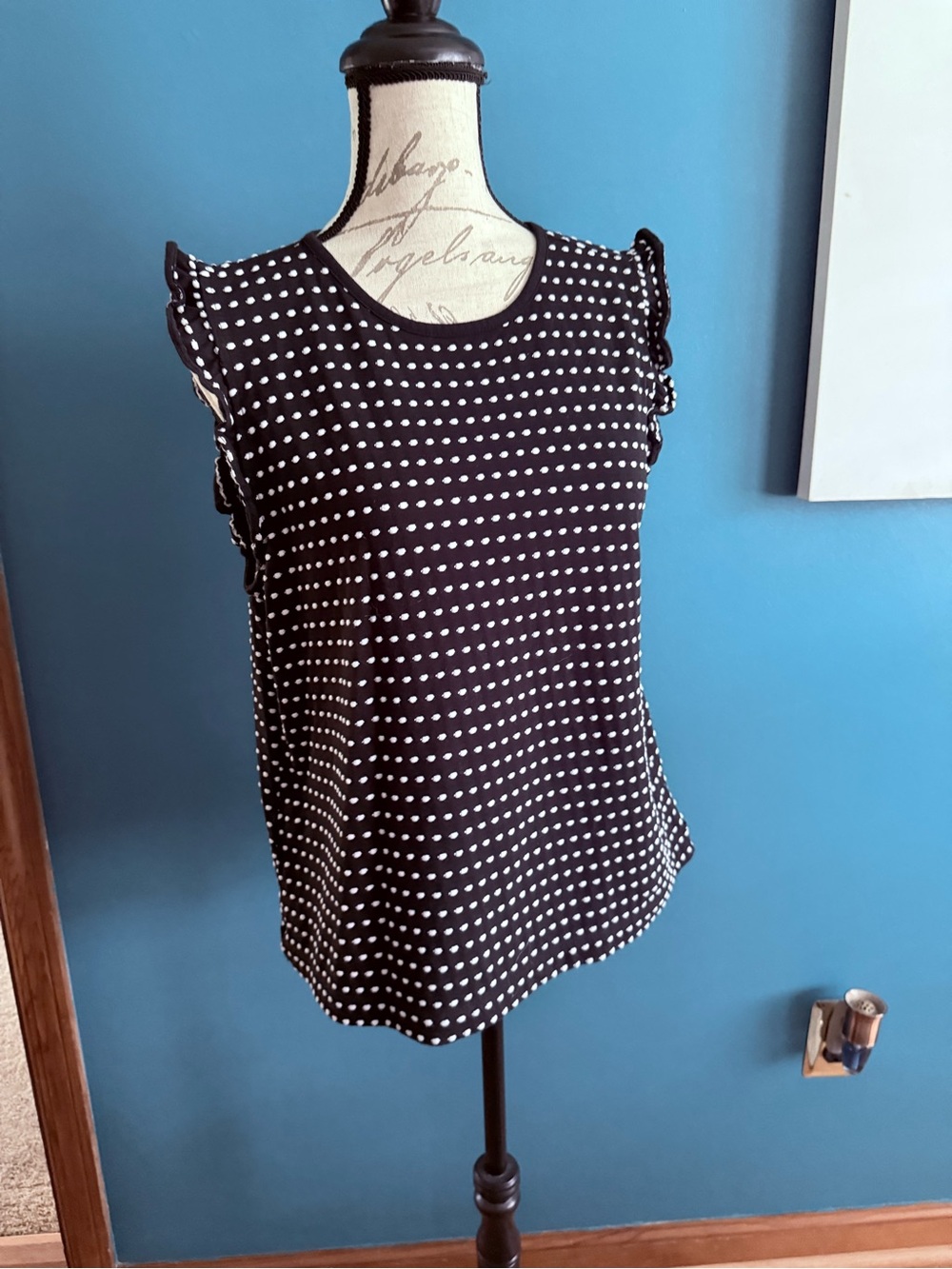 LOFT Black Tank with White Polka Dots and Ruffle Sleeves